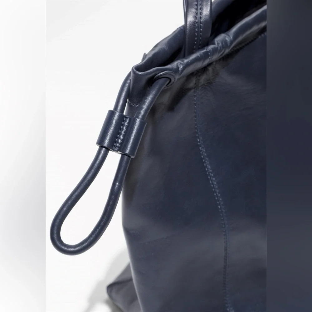 & Other Stories Leather Oversized Drawstring Tote, Navy. - Picture 2 of 12